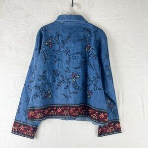 Vintage NWT Chico's Embroidered Denim Blue Cotton Silk Trim Jacket Top Boho